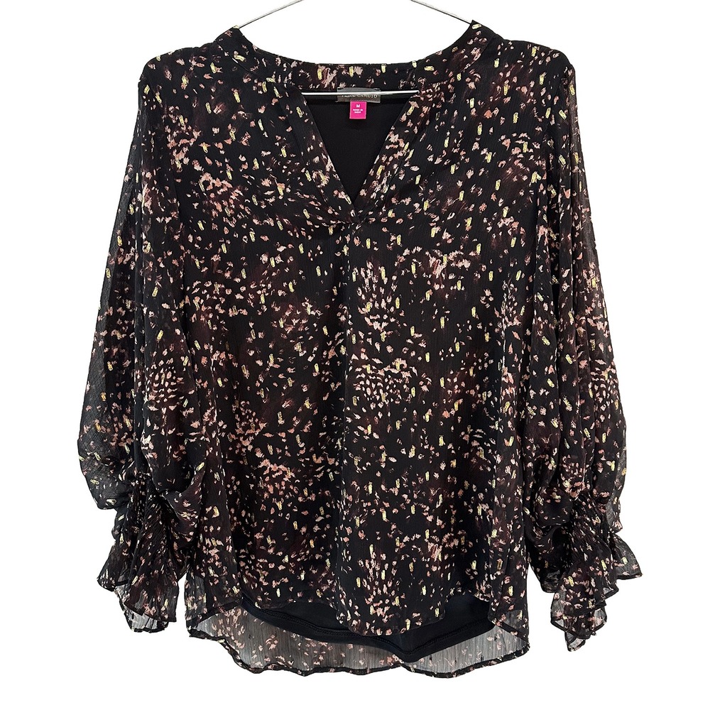 VINCE CAMUTO Boho Sheer Floral Blouse • Medium • black, mauve,‎ gold metallic